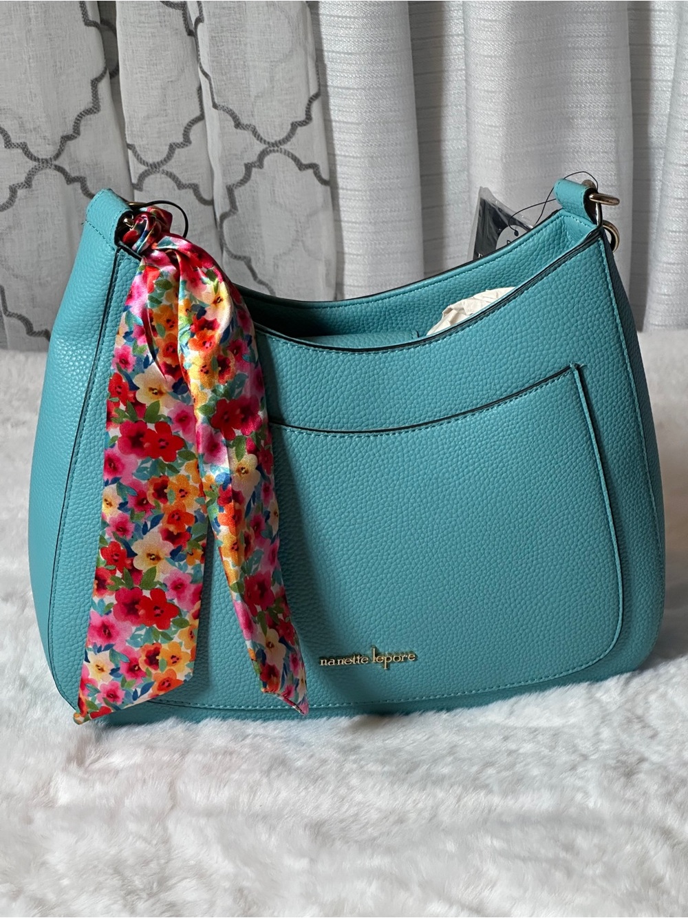 Nanette Lepore Turquoise Shoulder Bag with Floral Scarf Accent